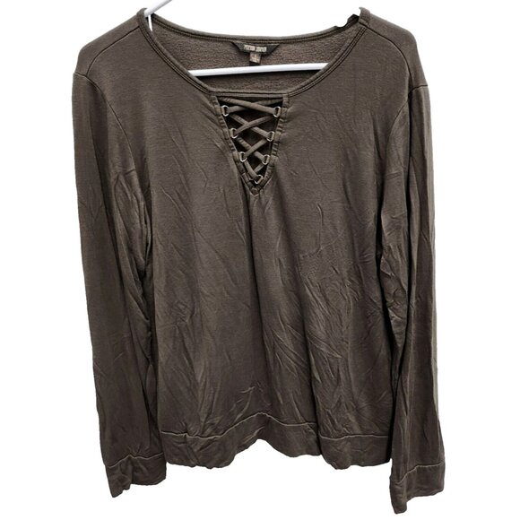 Evereve Peyton Jensen Womens Top Large Olive Green Soft Knit Lace Up Long Sleeve - Picture 1 of 7
